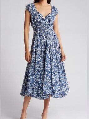 🔥Blue Floral Midi Dress - Women's Smocked Waist Dress